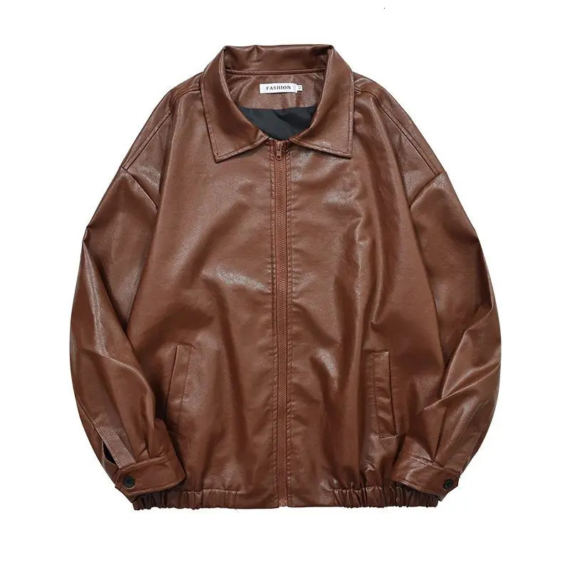Pu Leather Jacket Men Brown Retro Motorcycle Jacket Autumn Korean Fashion Fried Street Loose Zipper Bomber Jacket Learher Coats 240715