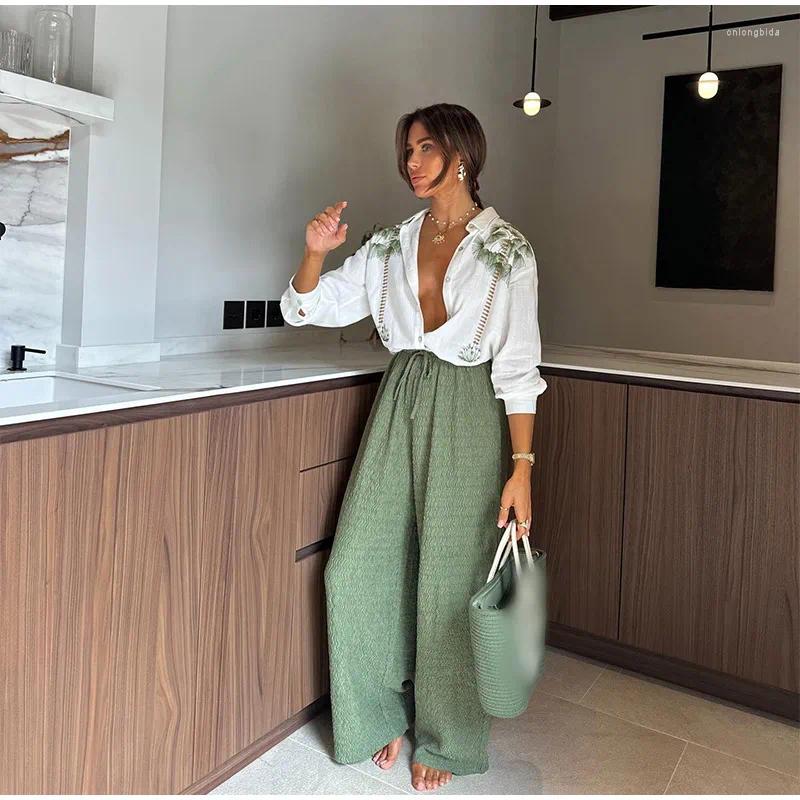 Womens Blouses Elegant Coconut Tree Print White Shirt Women Fashion Loose Lapel V Neck Long Sleeve Blouse 2024 Office Lady Commuting Tops