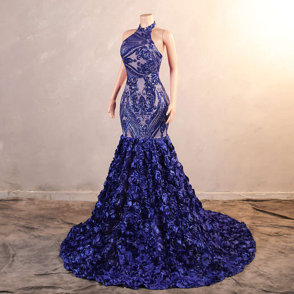 Glitter Lace Sequined Evening Dresses Royal Blue Sexy Halter Sleeveless Flowers Mermaid Formal Party Prom Gowns Robe De Soiree