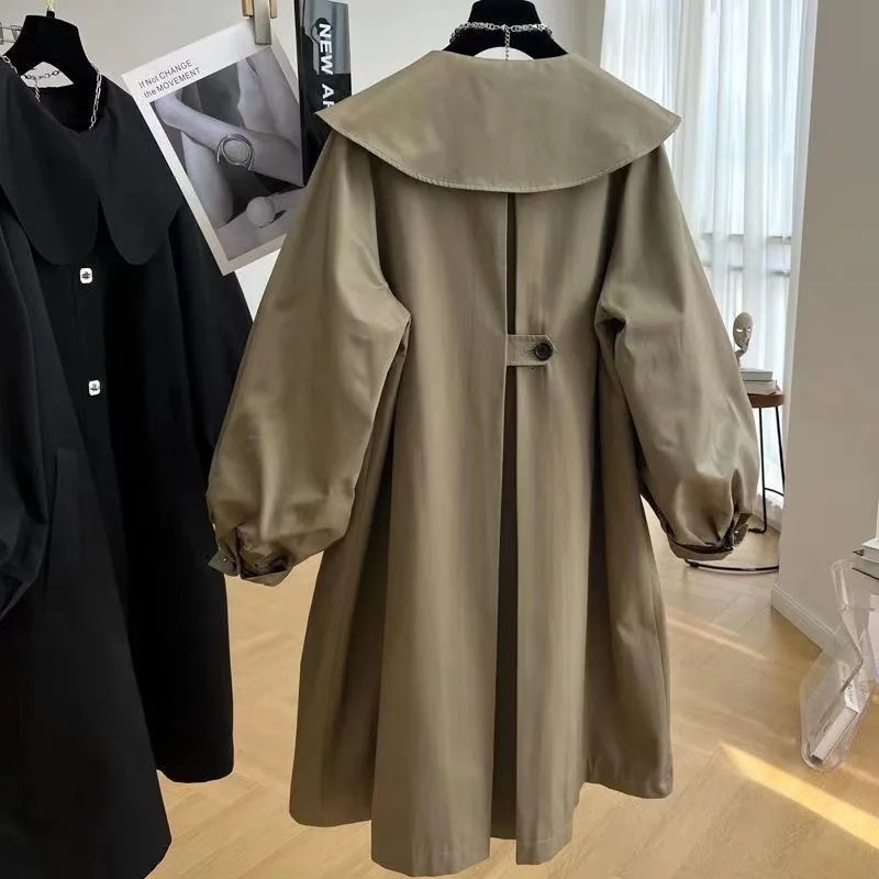 Trench Girls Autumn Doll Collar Windbreaker Coat Korean Solid Color Loose Middle Length Fashion Overcoat Button 240711