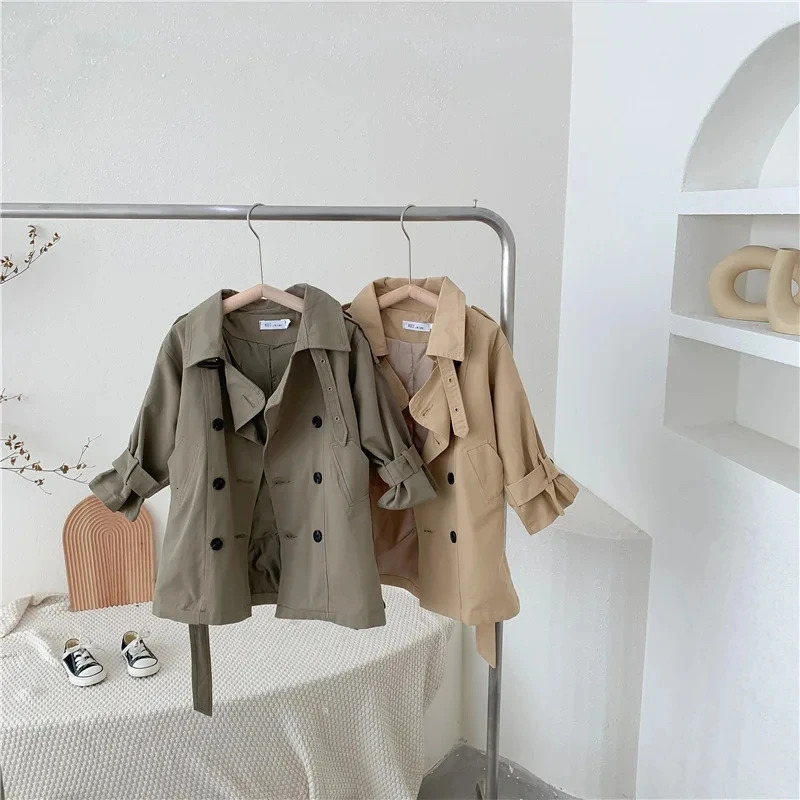 2-10Yrs Kids Trench Coat Spring Autumn Boys Girls Jacket Overcoat Long Sleeve Turn-Down Collar Children Windbreaker Top Clothes 240711