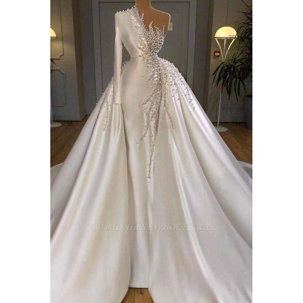 Pearls Crystal Wedding Dresses For Women One Shoulder Elegant Beaded Bridal Gown Formal Ocn Evening Vestido De Novia