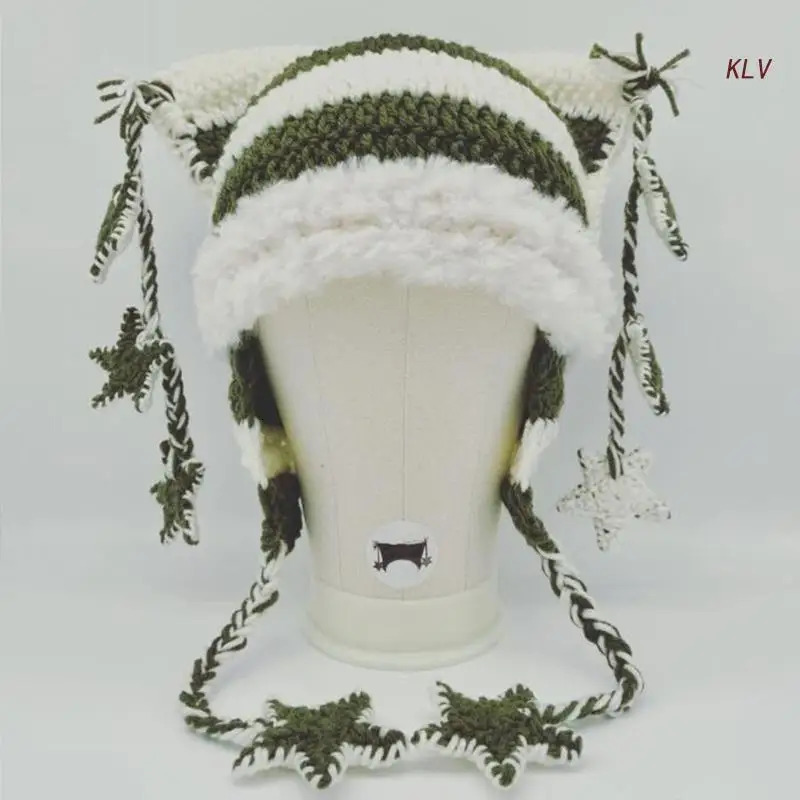 Color Matching Handmade Cat Ear Knitted Hat Fluffy Winter Warmer Knitted Hat Cold Winter Presents for Students Teenagers 240712