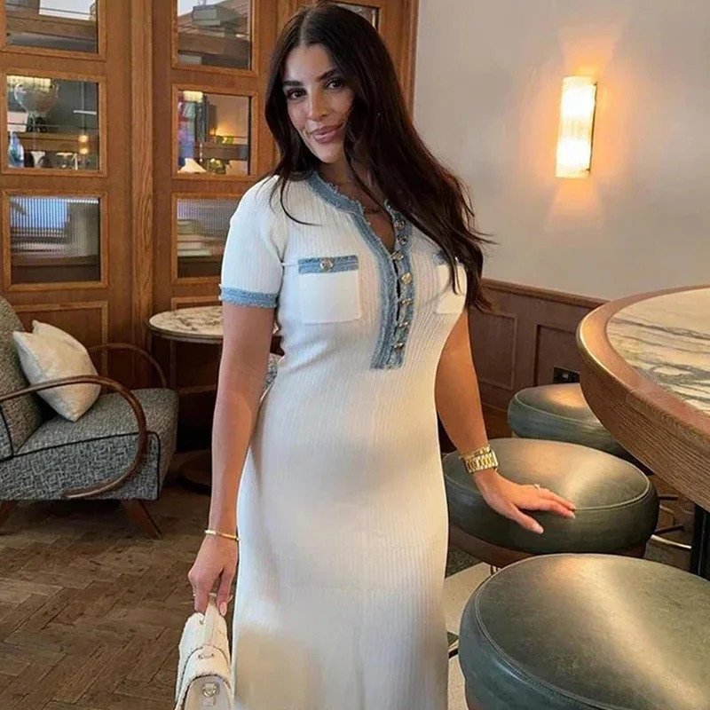 Knit Elegant Button Dress Women White Slim Short Contrast O-neck Long Dresses Female Summer Fashion Pocket Lady Vestidos 240715