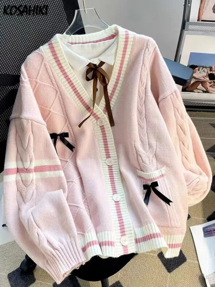 Sweet Bow Knitted Cardigans Y2k Aesthetic All Match Contrast Color Coats Fashion Single Breasted Women Kawaii JK Sweaters Jumper 240712