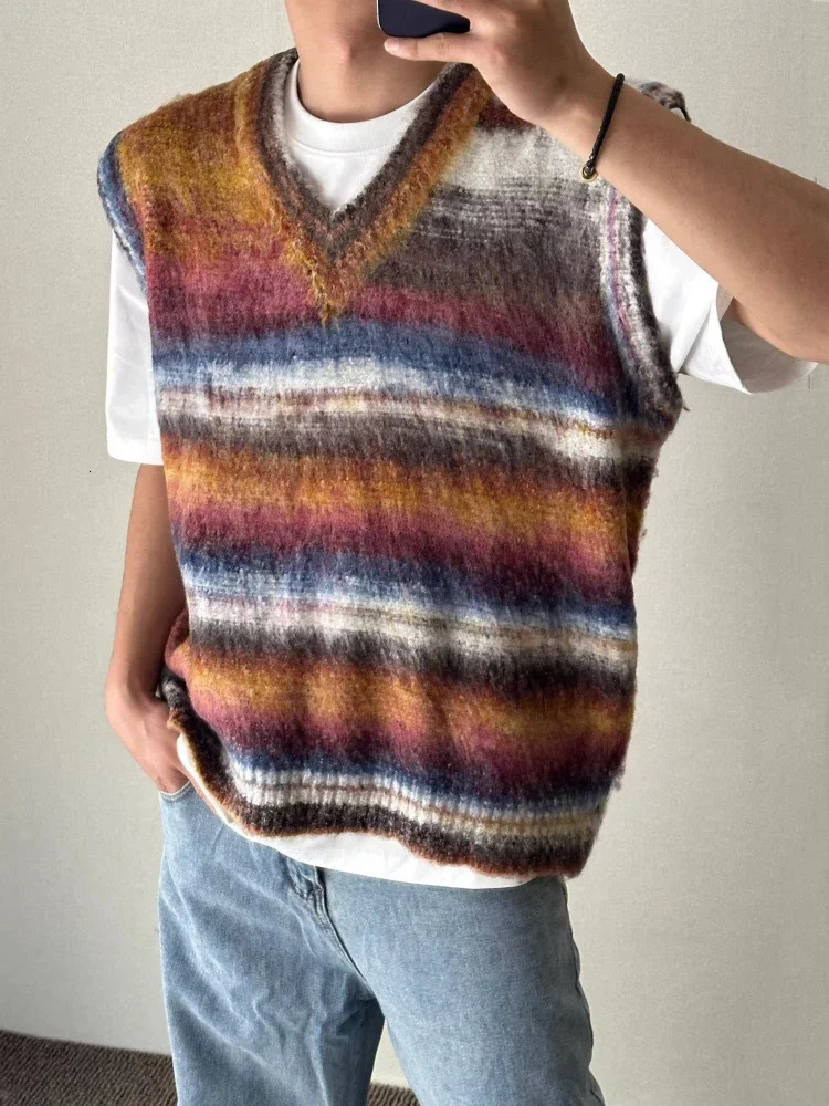 Man Clothes Tie Dye Vest Fleeced Knitted Sweaters for Men Striped Waistcoat Green Sleeveless V Neck Thick Winter Aesthetic Meme 240712