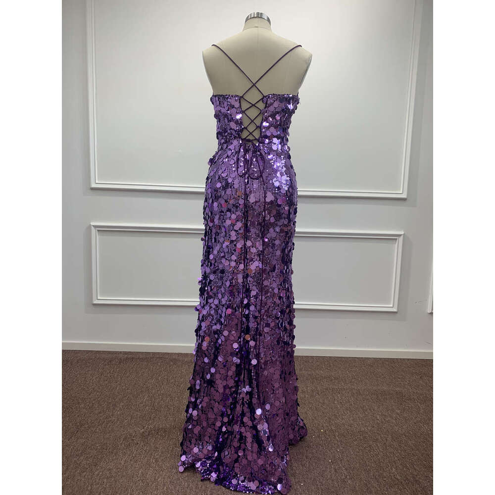 Sparkly Purple Sequined Evening Dresses Sexy V Neck High Slit Mermaid Spaghetti Straps Backless Prom Gowns Formal Party Vestidos