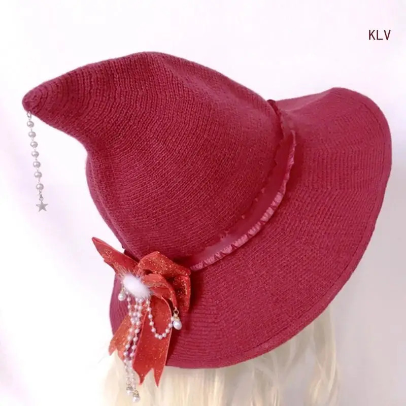 Halloween Witch Cap Wizard Hat Punk Knit Bowknot Hat Costume Headwear Lady Festival Headdress 240712