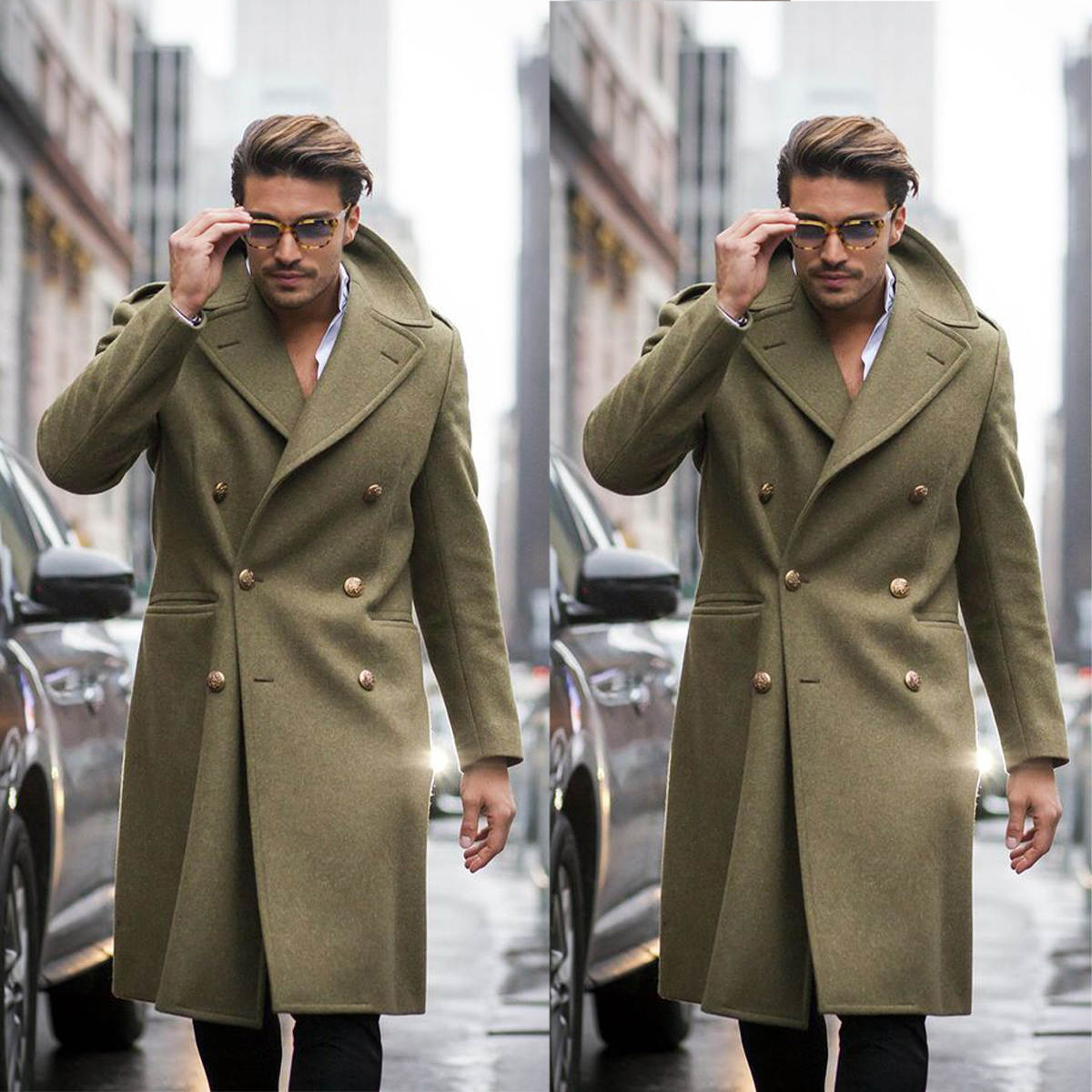Formal Green Men Suits Thick Wool Custom Made Double Breasted Tuxedos Peaked Lapel Blazer Back Vent Business High Quality Popular Cheap Price Long Coa