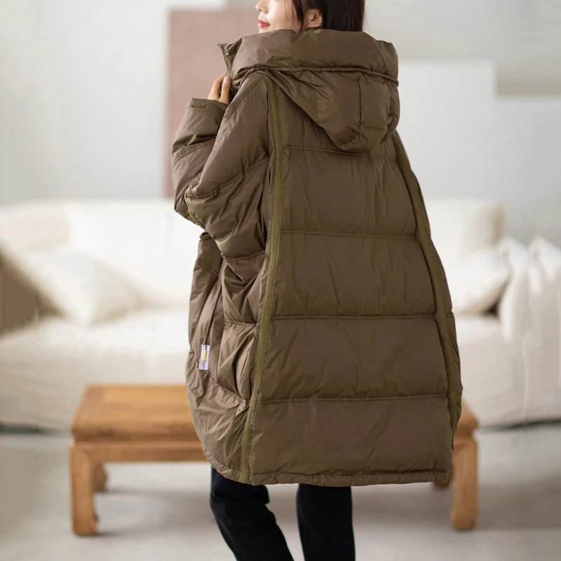 Lagabogy 2024 Winter Women 90% White Duck Down Jacket Casual Loose Over Size Warm Parka Female Drawstring Hooded Puffer Coat 240712