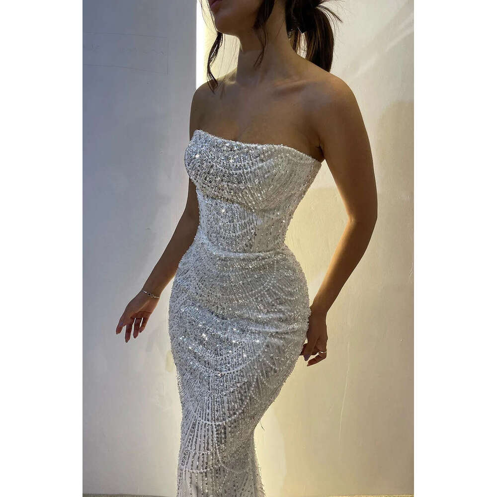 White Strapless Mermaid Evening Dresses Sequined Beaded Elegant Pearl Sexy Long Formal Prom Party Gowns Vestido De Fiesta