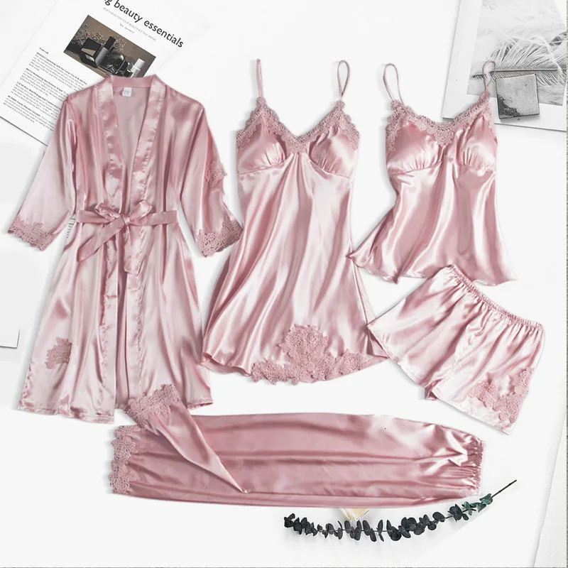 Women Satin Silk Pajamas Set 5 Pieces Robe Nightdress Shorts Pants Sleepwear Female Sexy Wedding Nightwear Home Wear Nighty 240712