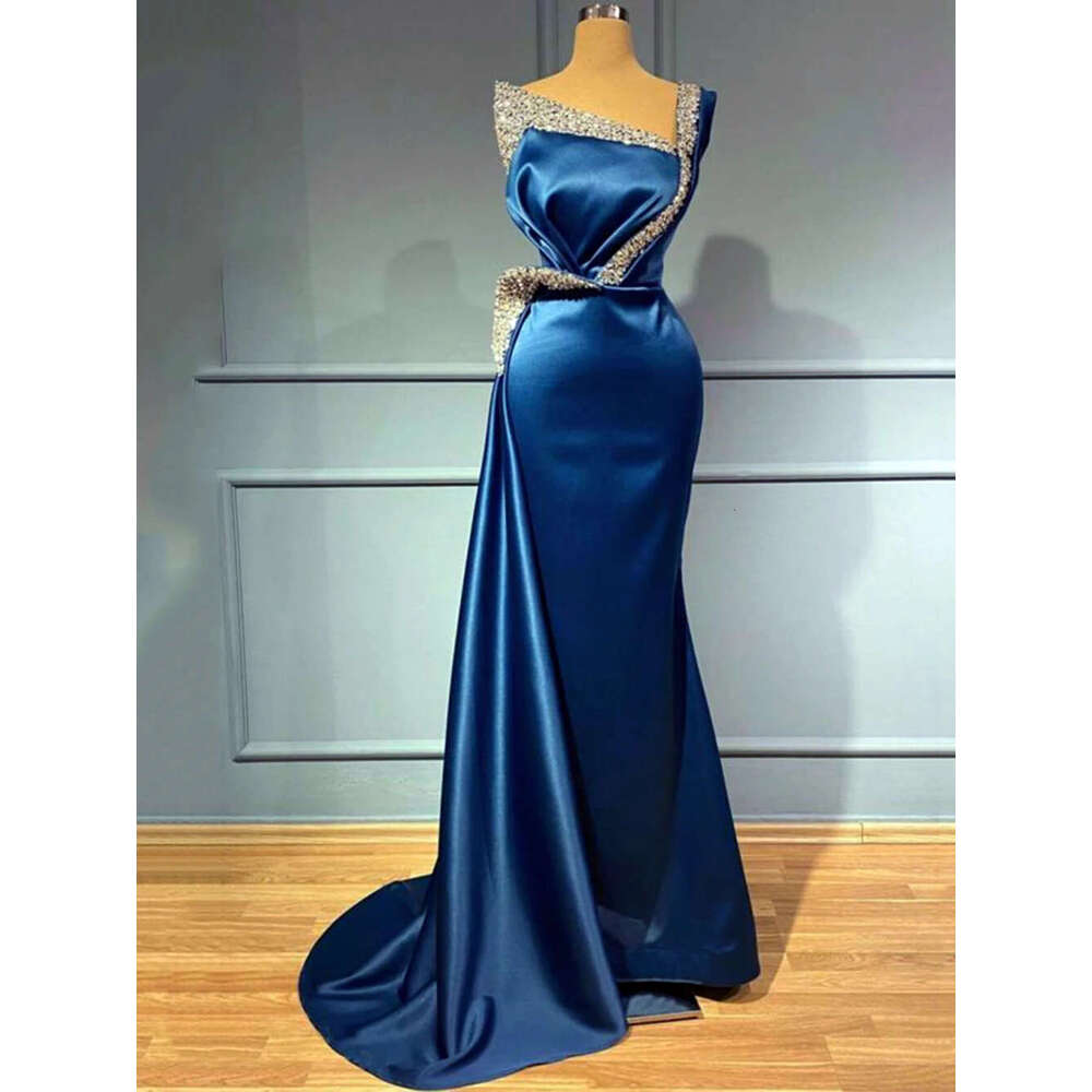 Blue Evening Dresses With Beads One Shoulder Satin Mermaid Long Prom Formal Party Gowns Crystals Arabic Robe De Soiree