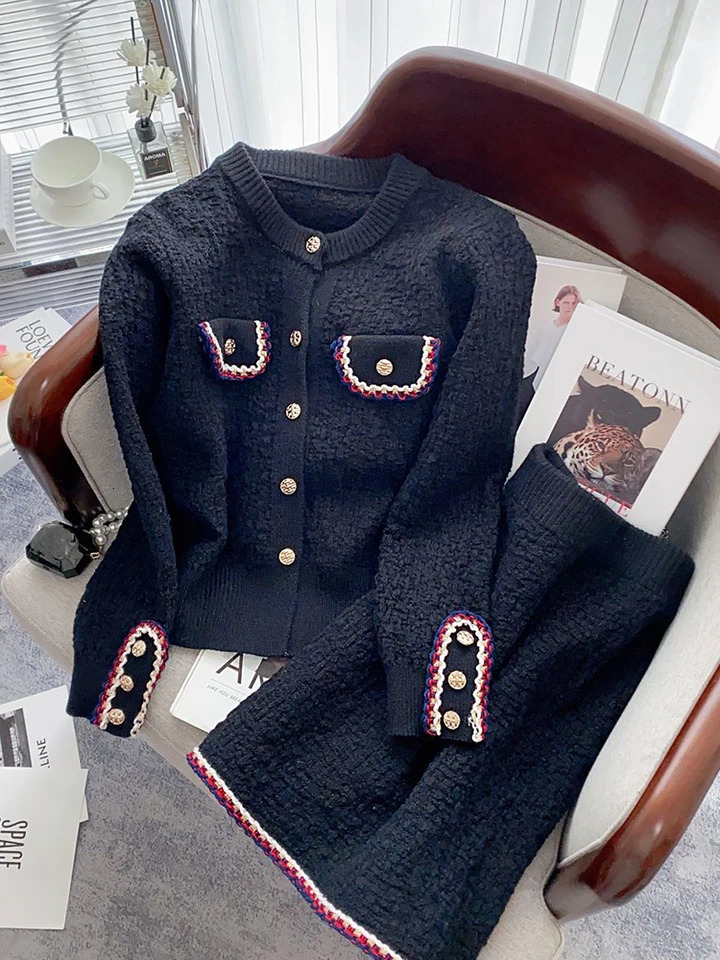 Autumn Winter Knitted Two Piece Sets Womens Office Lady Long Sleeve Cardigan Sweater High Waist Skirt Suit 240712