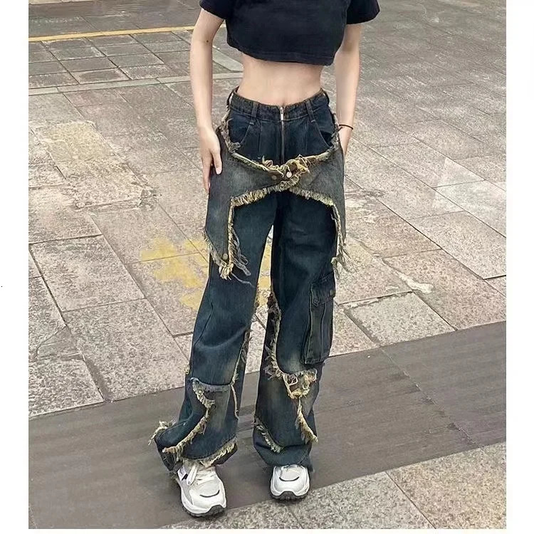 Star raw edge pattern Y2K jeans mens hip-hop pocket ultra-loose retro embroidered wide-leg pants Harajuku Gothic denim trousers 240716