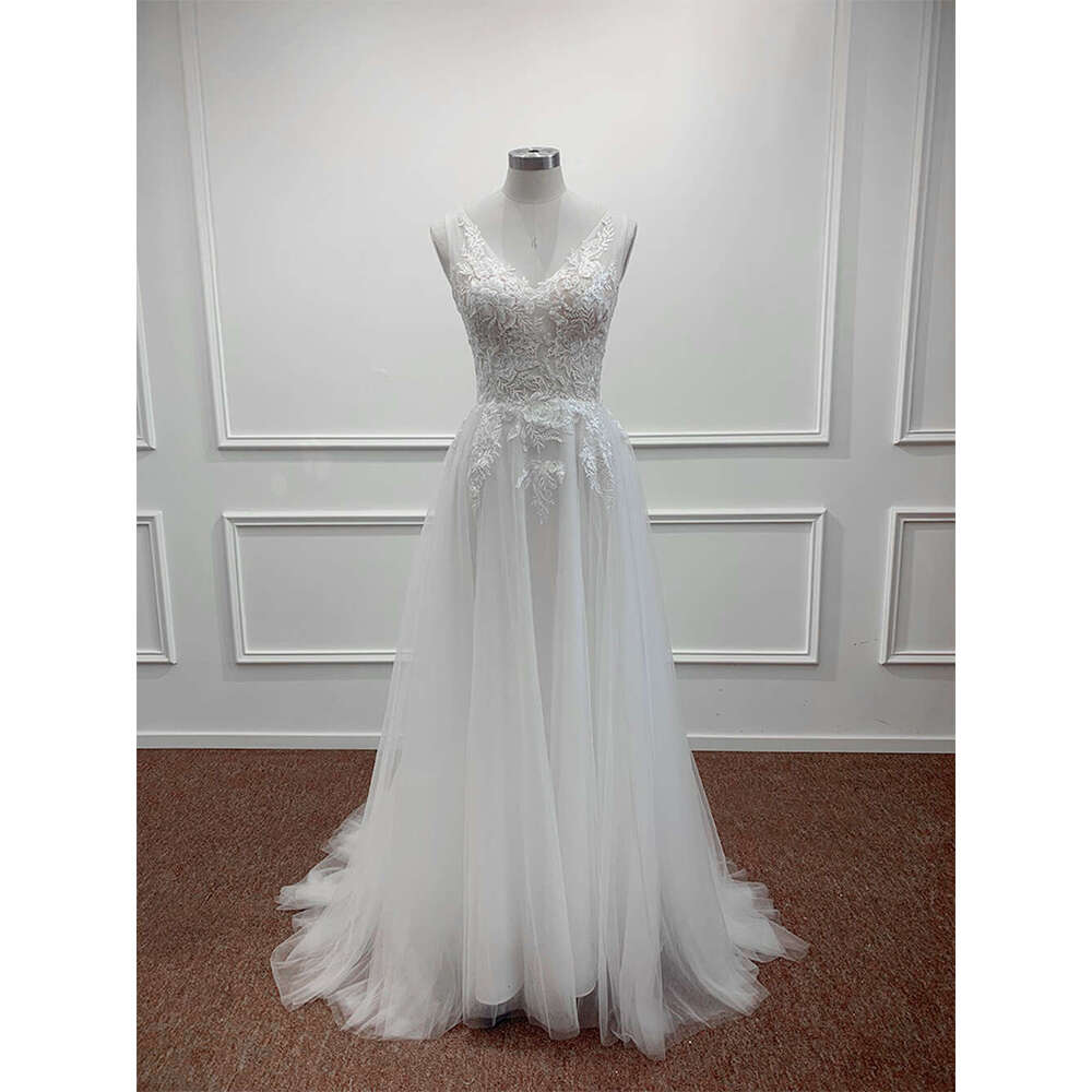 A Line Appliques Embroidery Wedding Dresses For Women Elegant V Neck Sleeveless Bridal Gowns Formal Ocn Vestido De Novia