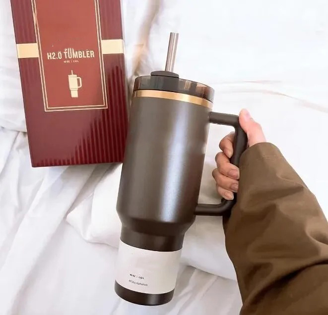 DHL Chocolate Gold Tumblers H2.0 40oz Stainless Steel Cups with Silicone handle Lid And Straw 2nd Generation Car mugs Keep Drinking Cold Water Bottles
