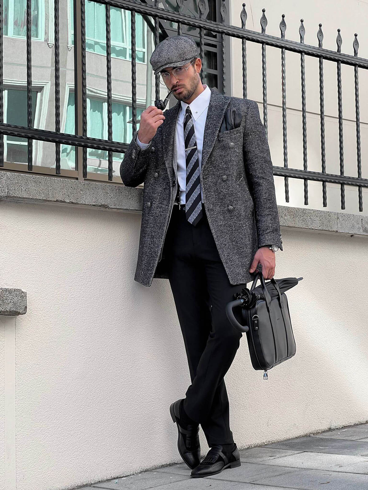 Autumn Gray Men Suits Thick Wool Custom Made Double Breasted Tuxedos Peaked Lapel Blazer Back Vent Business High Quality Popular Cheap Price Long Coat