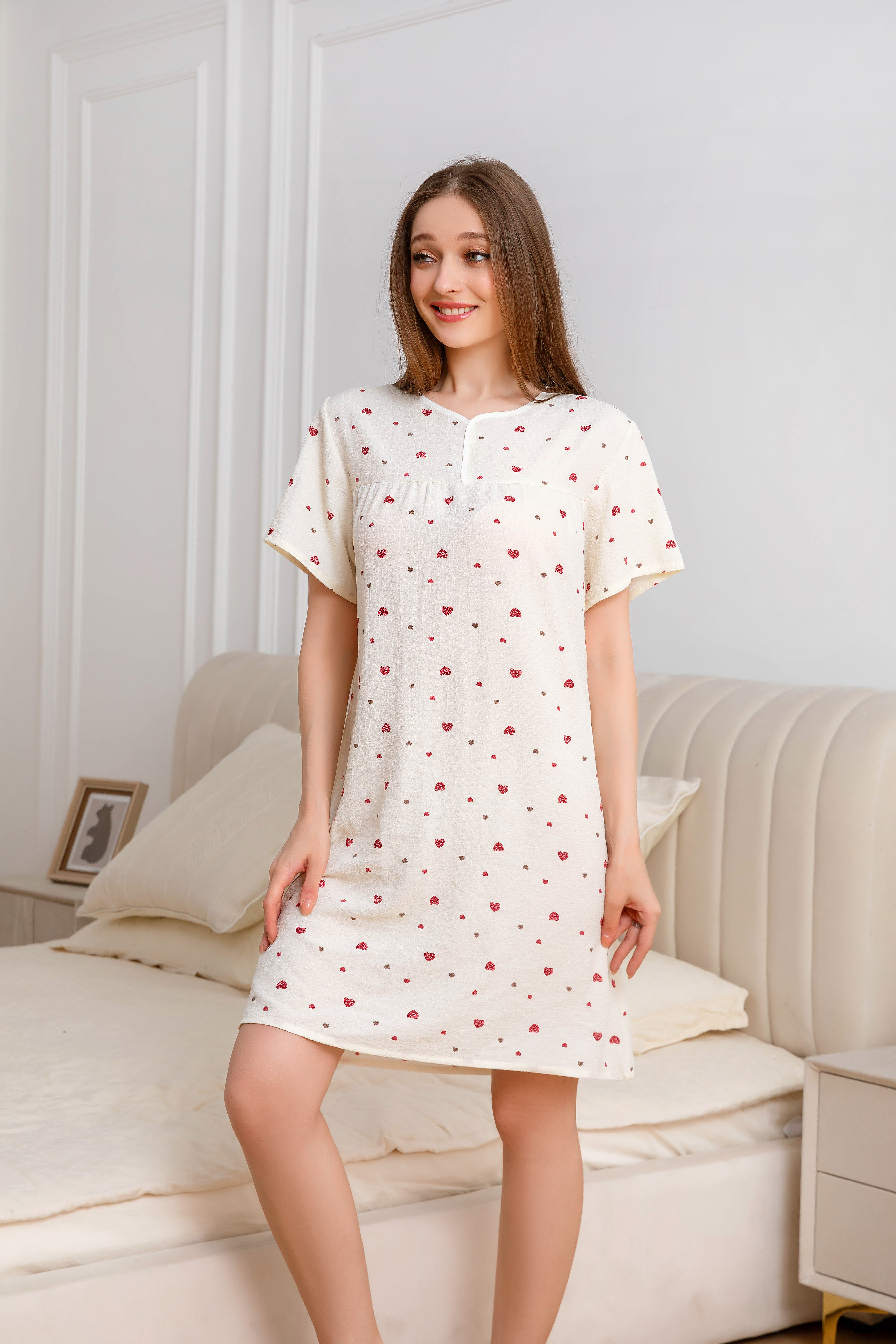 Women's home clothes, pullover, small heart patterned nightgown, bubble cotton pajamas D13