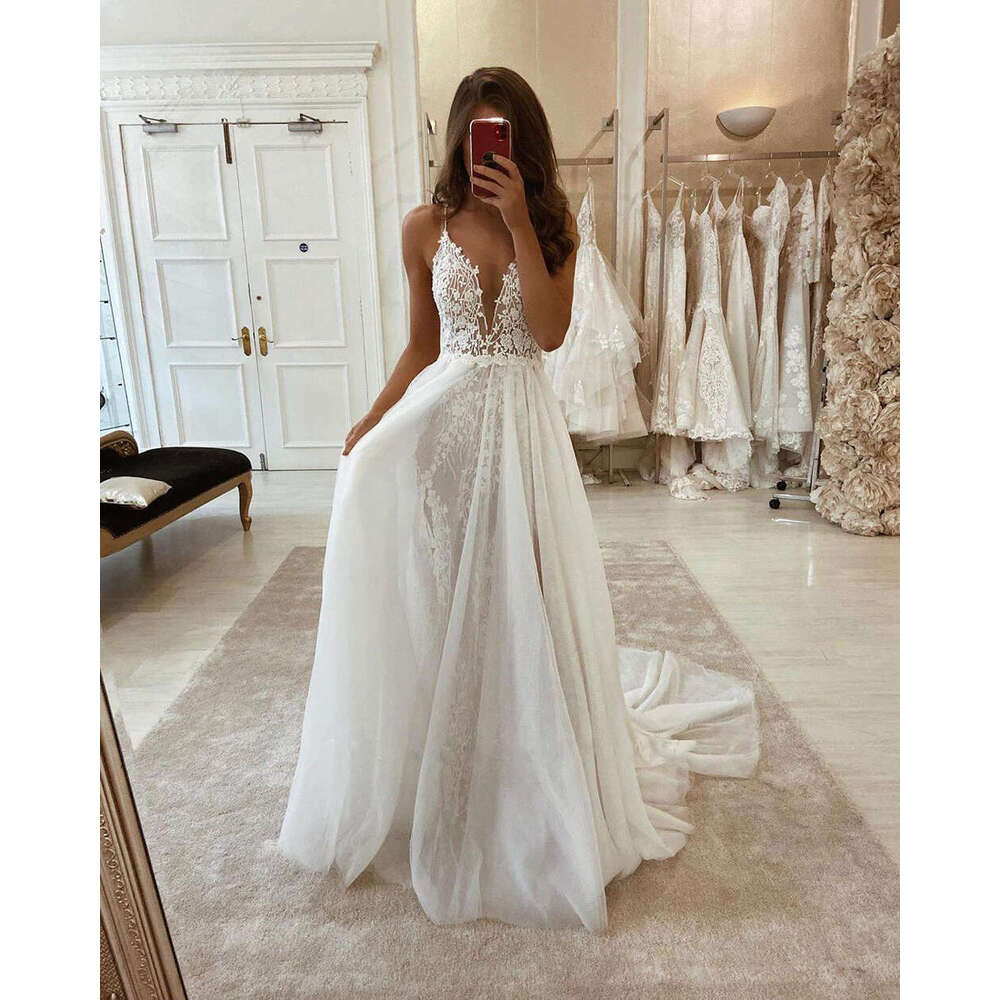 Elegant Boho Wedding Dresses For Women Spaghetti Straps Appliques Lace Bohemian High Split Simple Bridal Gowns Robe De Mariage