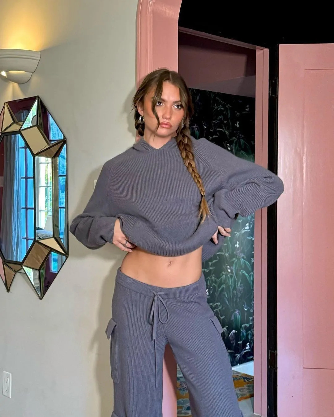 Ladies Hoodie Two Piece Knitted Pure Color Women Sweater Set pant set 240708