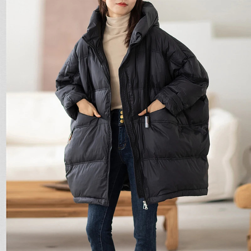 Lagabogy 2024 Winter Women 90% White Duck Down Jacket Casual Loose Over Size Warm Parka Female Drawstring Hooded Puffer Coat 240712