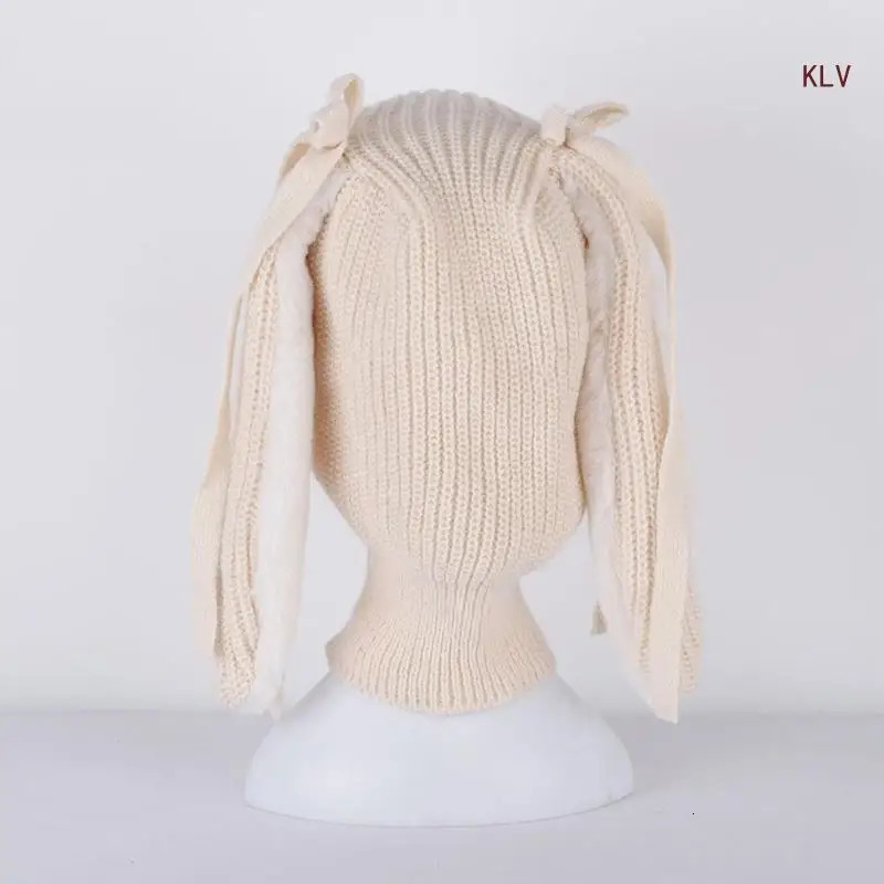 Winter Windproof Balaclava Hat Solid Color Long Rabbit Ears Bow Knit Scarf Collar Hat Earflap Bomber Hat for Women 240712