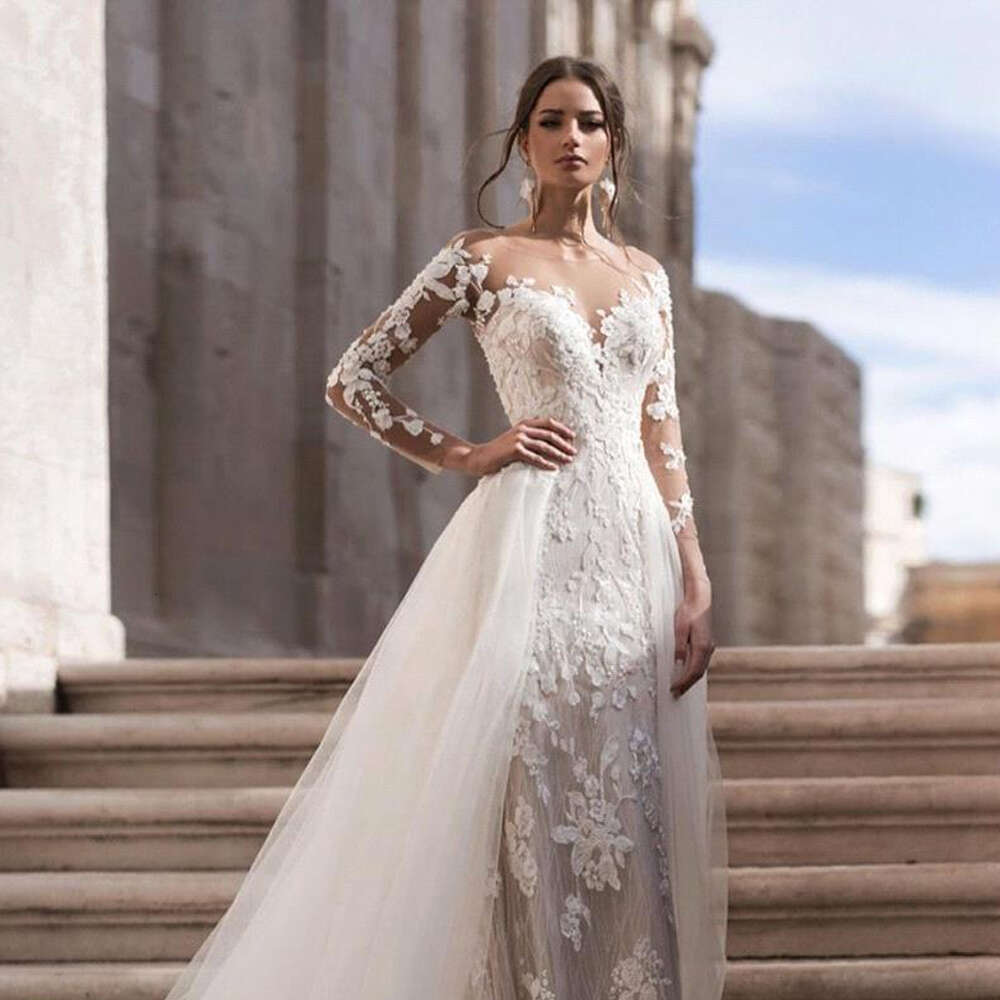 Romantic Detachable Train Mermaid Wedding Dresses Long Sleeves Bridal Gown Appliques Bride Robes Button Back Vestido De Noiva