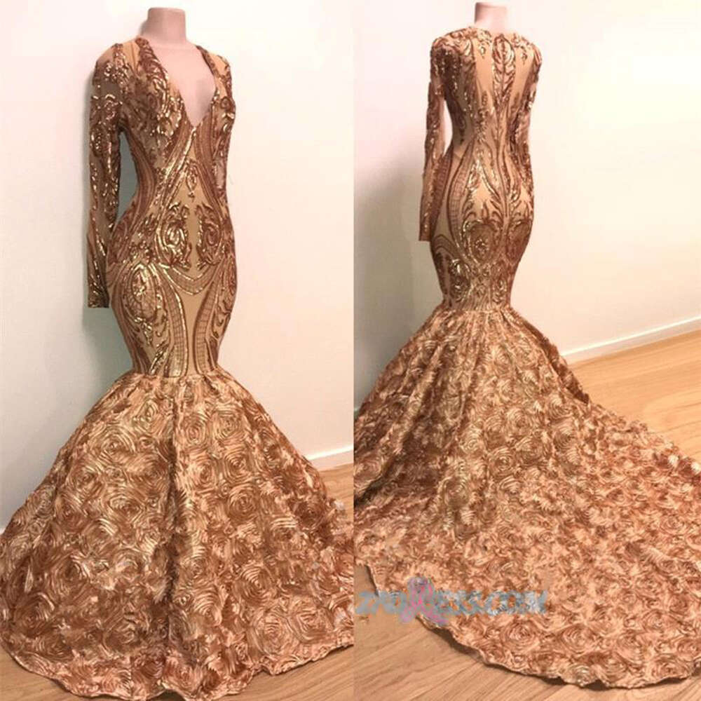 Long Sleeves Gold Evening Dress For Women Appliques Sparkly Sequined Mermaid Flare Flowers Sexy Deep V Neck Prom Gown Vestidos