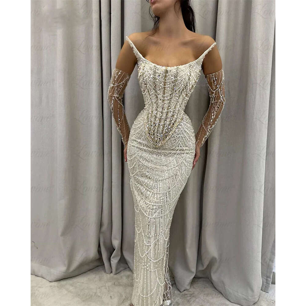 3 Pieces Suit Sequined Pearls Evening Dresses Mermaid Champagne Beaded Spaghetti Straps Formal Prom Party Gowns Vestidos