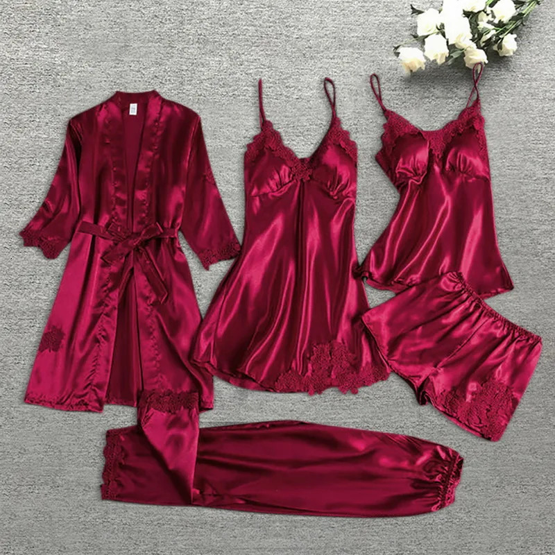 Women Satin Silk Pajamas Set 5 Pieces Robe Nightdress Shorts Pants Sleepwear Female Sexy Wedding Nightwear Home Wear Nighty 240712