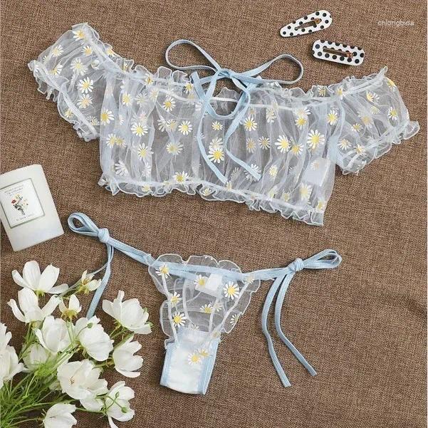 Bras Sets Sexy Womens Underwear Lace Floral Wire Free Lingerie Set Off-Shoulder Small Chest Bralette Thong Beachwear Transparent Bra