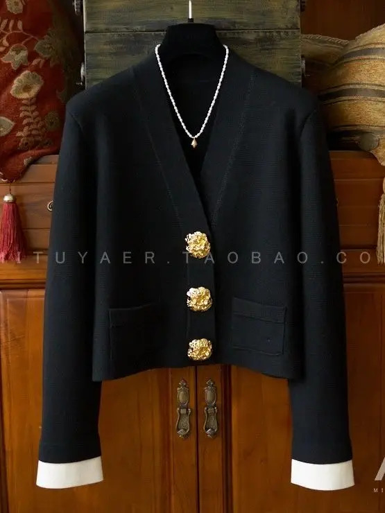 Vintage Elegant Vneck Cardigan Sweater For Women Gold Buttons Long Sleeve Knitwear Tops Autumn Fashion Chic Ladies Jumpers 240712