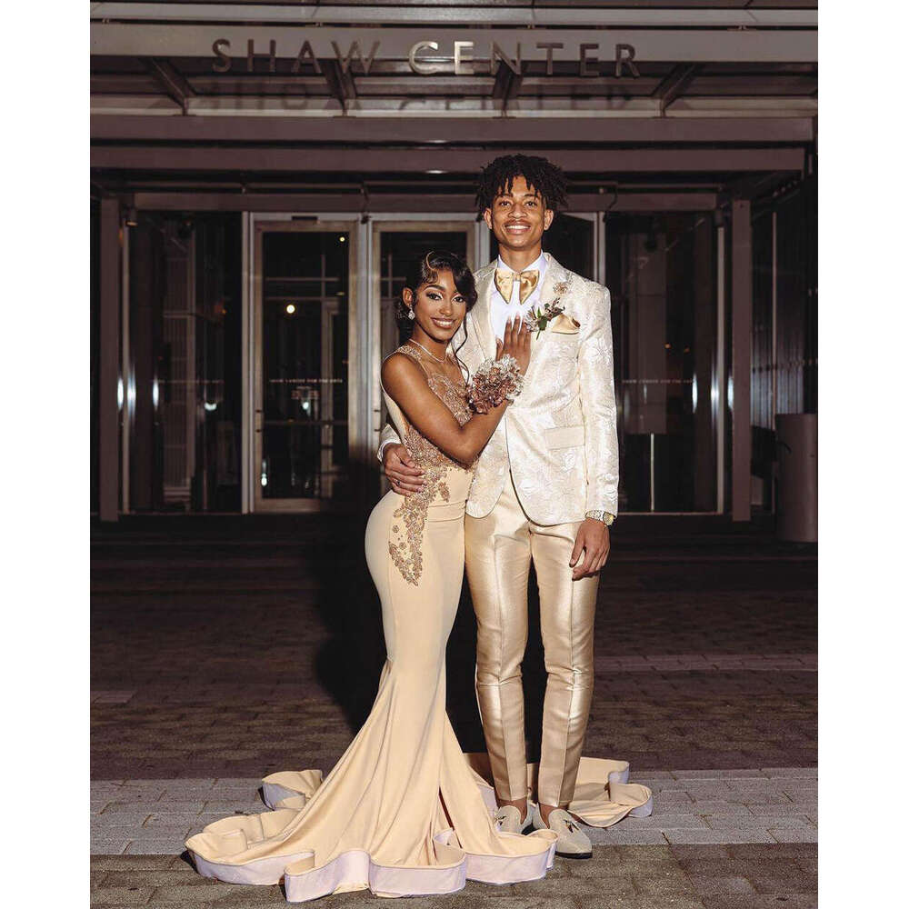 Champagne Satin Mermaid Evening Dresses Beaded Sequined Embroidery Ruffled Hem Formal Party Prom Gowns Vestido De Fiesta