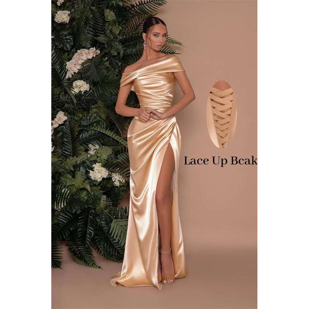 Champagne Satin Evening Dresses Women Off Shoulder Sexy High Split Ruched Bust Waist Pleat Prom Formal Party Gown Robe De Soiree