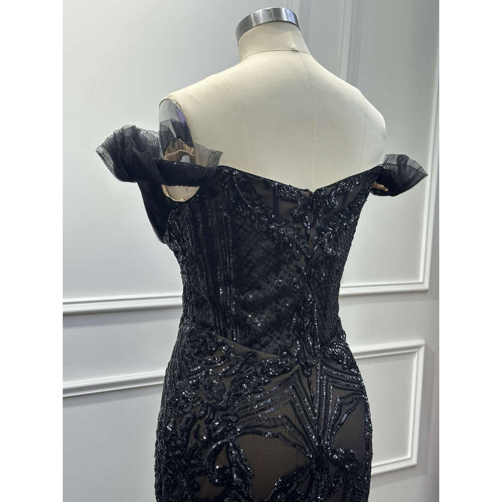 Black Tulle Sequined Evening Dresses Off The Shoulder Mermaid Pleat Arabic Formal Party Prom Gowns Vestidos De Fiesta