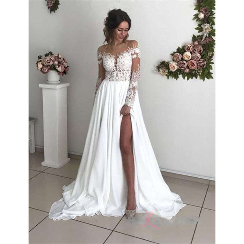 Elegant Lace With High Split Wedding Dresses Sweetheart A-Line Chiffon Appliques Simple Boho Long Vestidos De Noiva Bridal Gowns