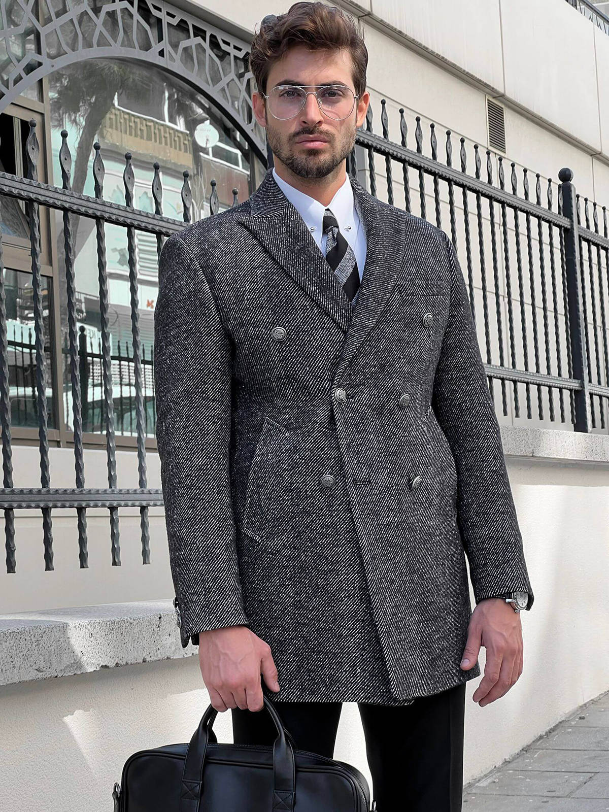 Autumn Gray Men Suits Thick Wool Custom Made Double Breasted Tuxedos Peaked Lapel Blazer Back Vent Business High Quality Popular Cheap Price Long Coat