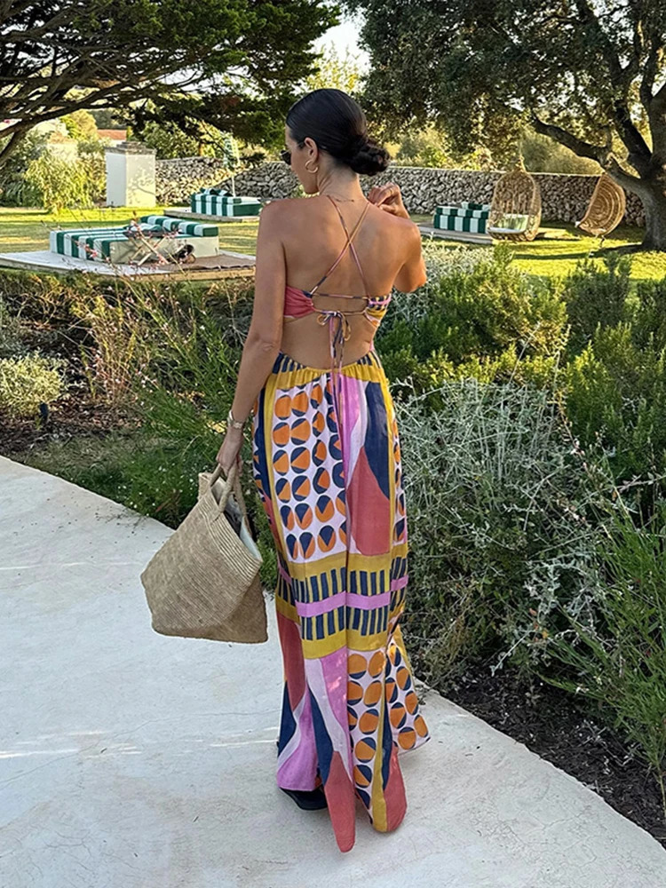 Summer Printed Halter Long Dress Women Sleeveless Backless Lace Up Empire Female Dresses 2024 Holiday Lady Fashion Robes 240716