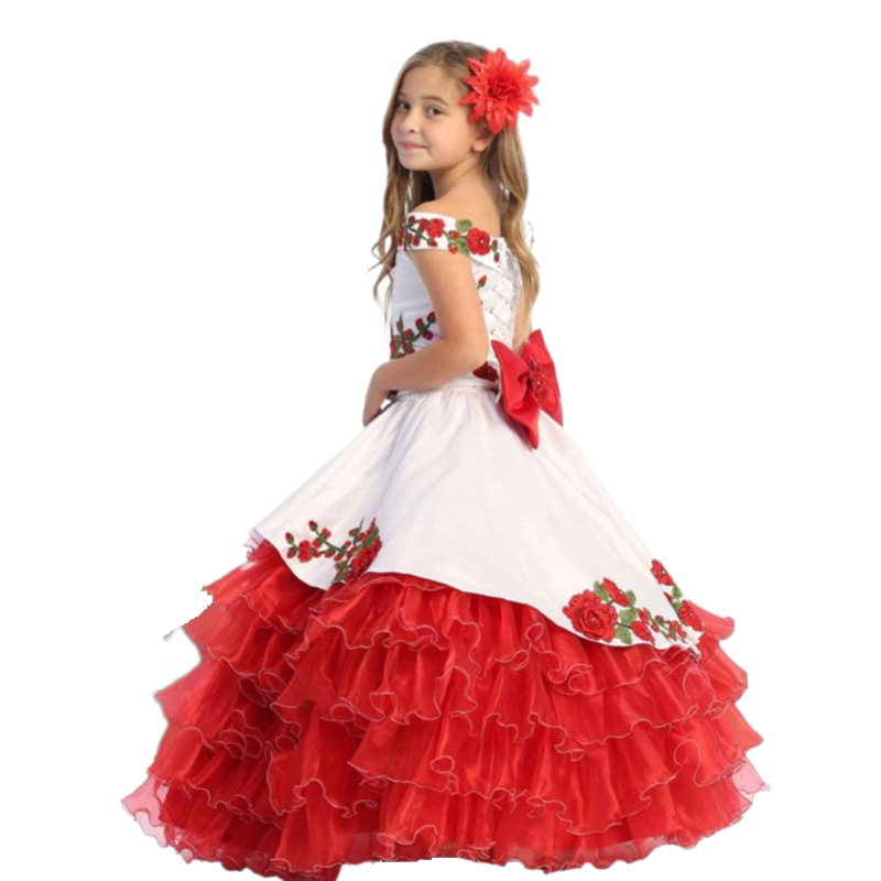 White And Red Flower Girls Dresses With Bow Back Embroidery Floral Lace Delicate Floor Length Tiered A-Line Pageant Gowns Kids Birthday Formal Wear We