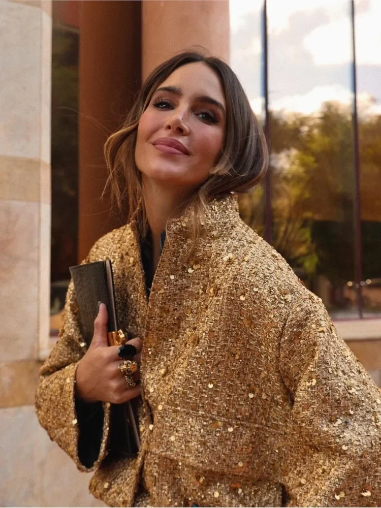 Chic Golden Sequin Zipper Jacket For Women Fashion Loose Round Neck Long Sleeved Coats Spring Female Party Club Shiny Outerwear 240715