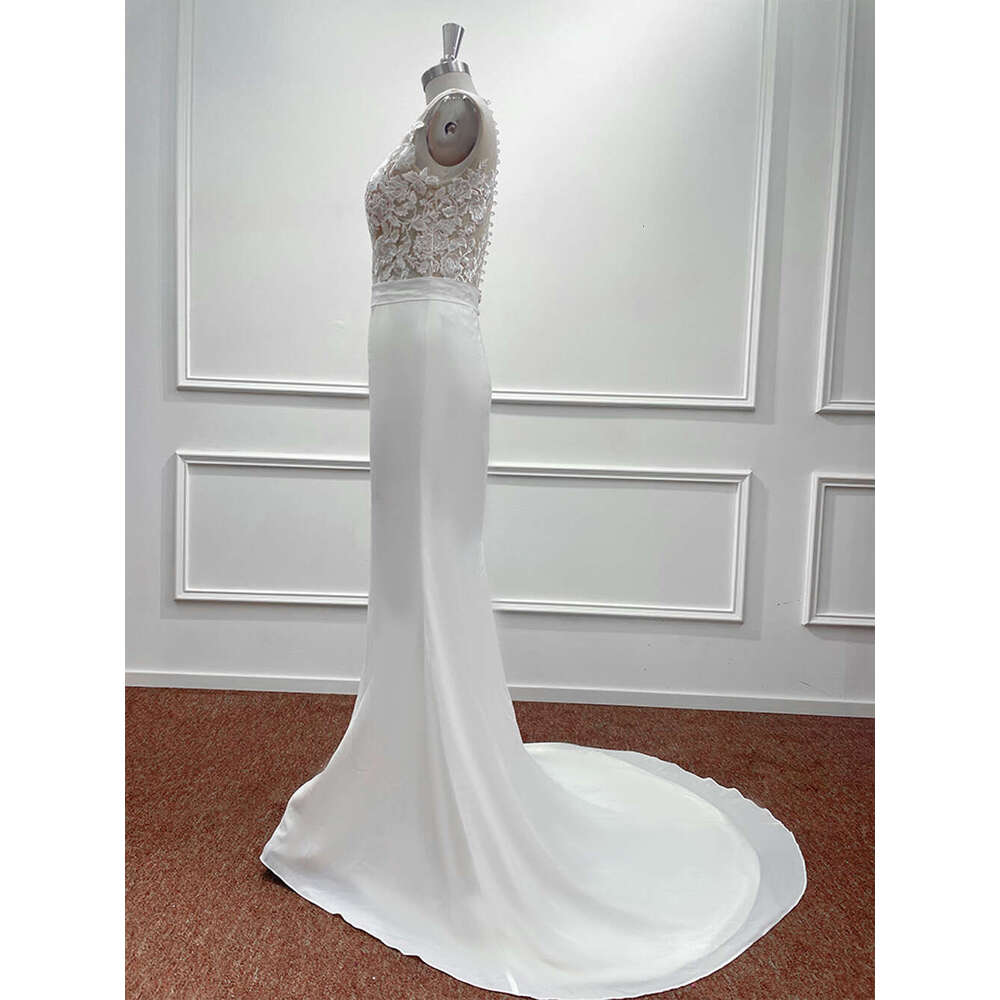 Mermaid Satin Appliques Wedding Dresses For Women Simple Lace Embroidery O Neck Illusion Sleeveless Bridal Gown Vestido De Novia