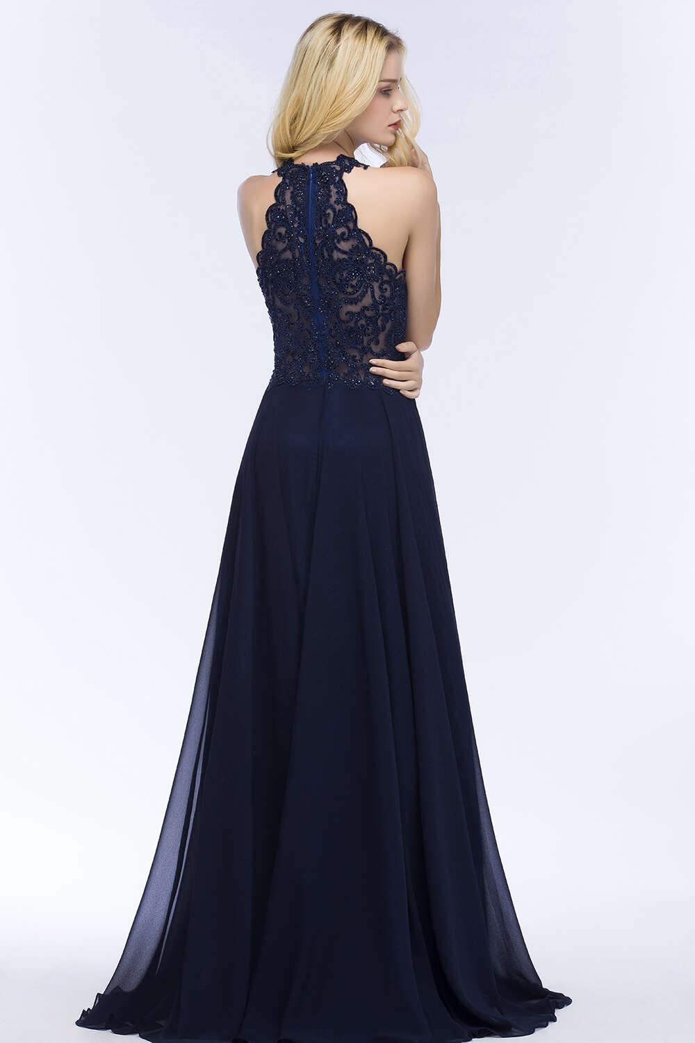 Chiffon Elegant Dress Women A-line Halter Jersey Fishtail with Beaded Motif Layers Over the Bodice Evening Party Gowns