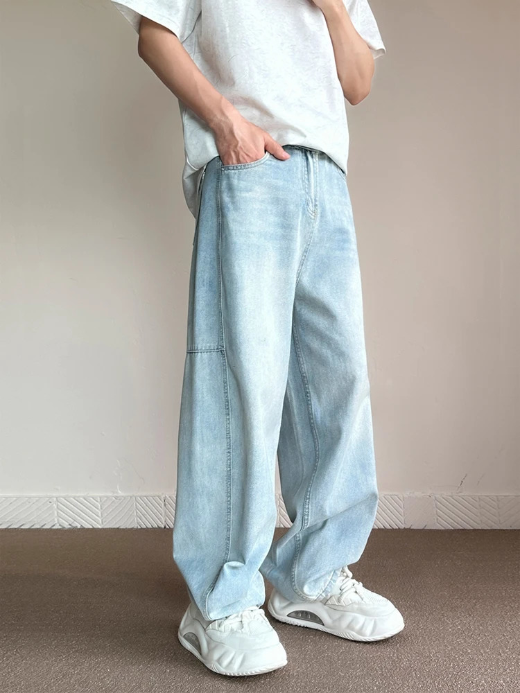 Korean Fashion Mens Baggy Jeans Light Blue High Street Straight Wide Trousers Personalized Washed Y2k Pants Male 240712