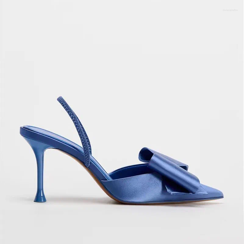 Dress Shoes TRAF French Retro Blue Bow High Heels Point Head Stilettos Sgbacks For Woman Women Elegant Satin Fabric Sandals
