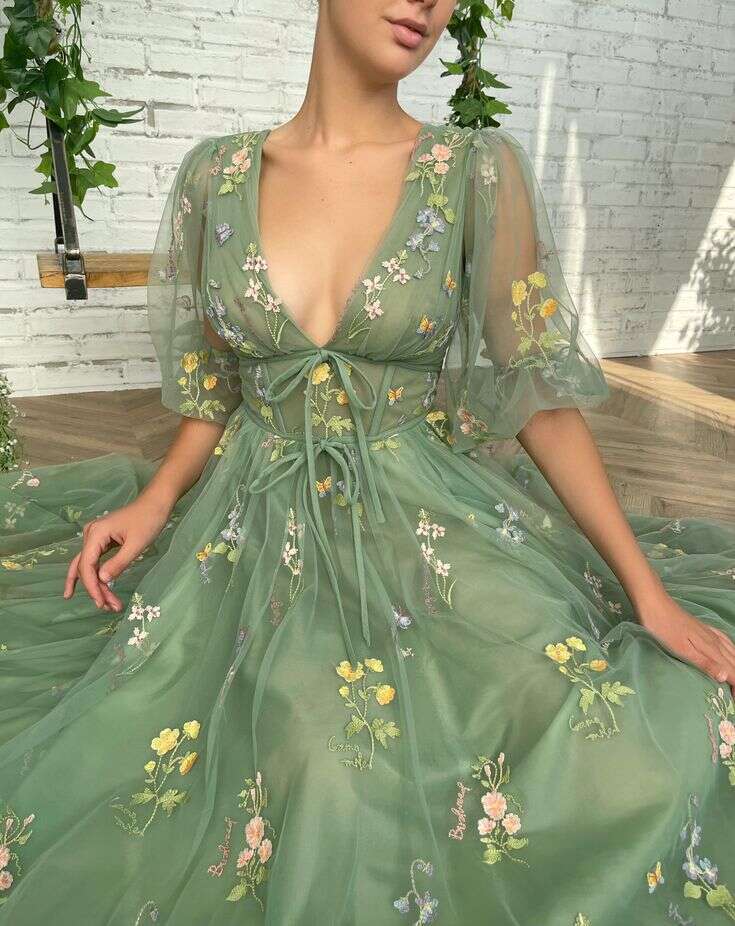 2 Styles Women's Puffy Sleeve Prom Dresses Fair Flower Embroidery Tulle Tea Length Lace Formal Evening Party Bridesmaid Gowns
