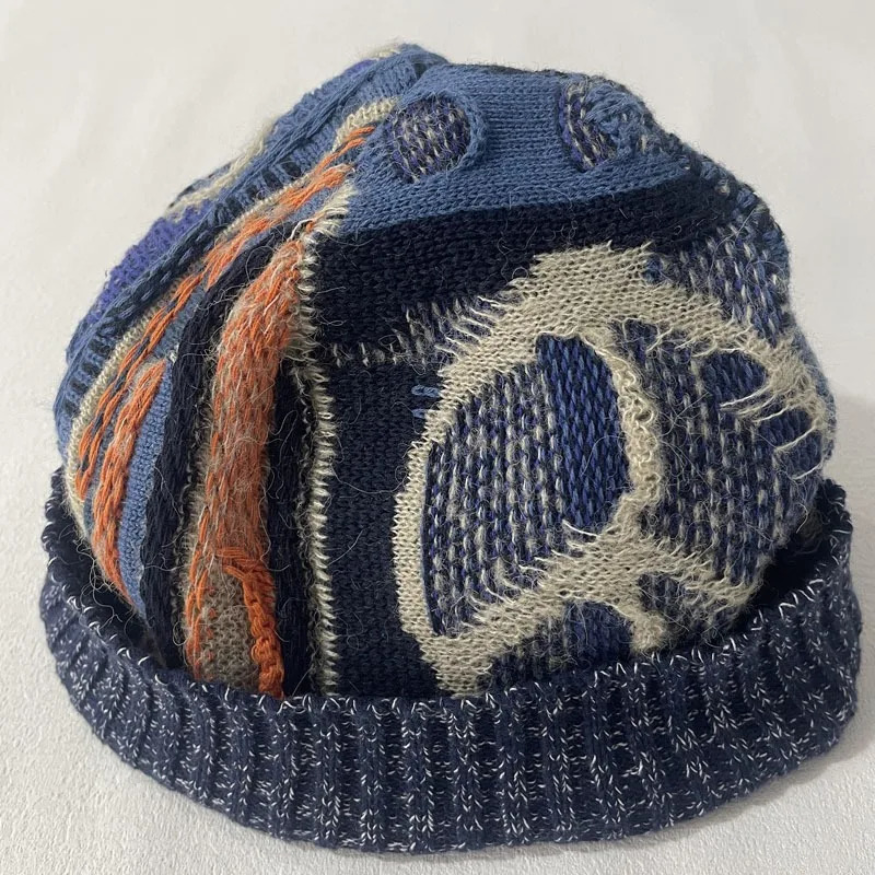 Kapital Japan Handmade Hats Men Knitted Blend Vintage Patchwork Warm Wool Cap Geometric Color Block Bonnets for Women Winter Hat 240717