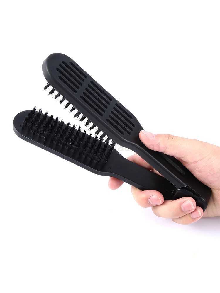 Pro Hairdressing Straightener Hairbrush Nylon Hair Straightening Double Brushes V Shape Comb Clamp Styling Tools DIYB240719