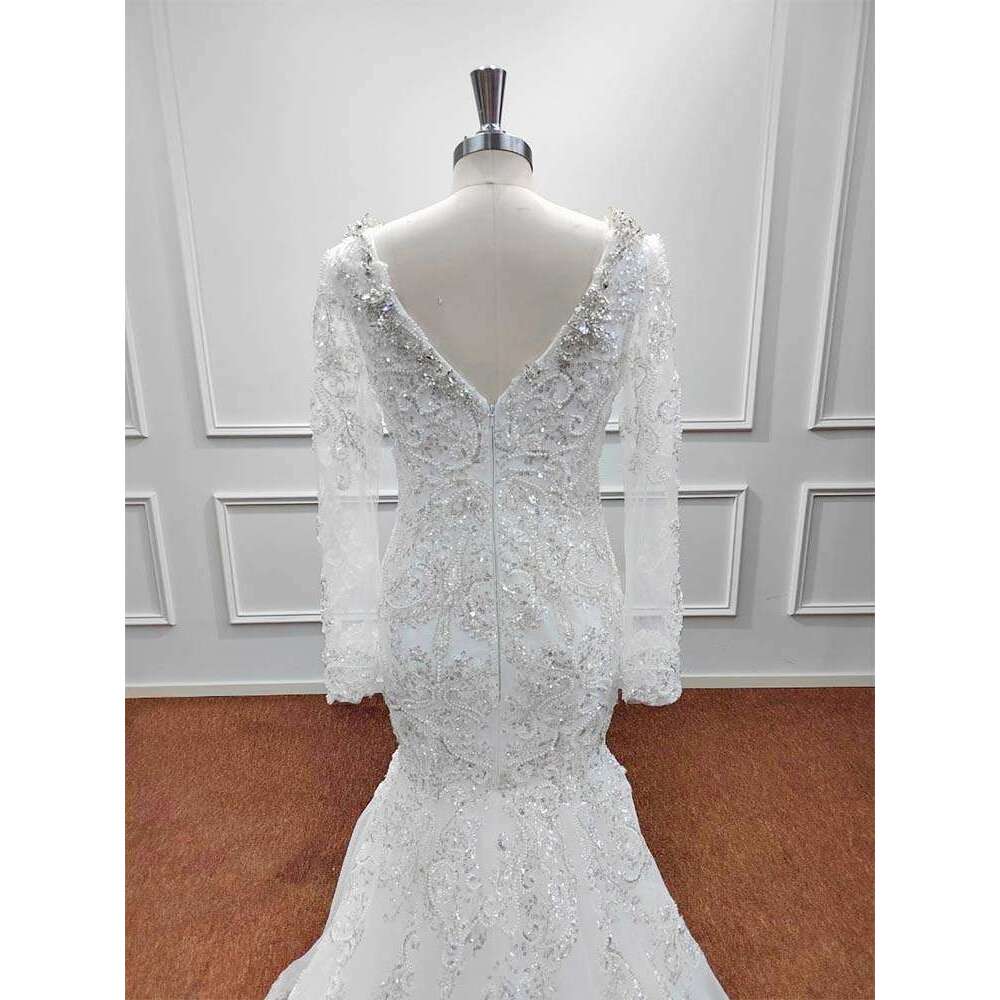 Mermaid Wedding Dresses Beaded Pearls Soft Tulle Sequined Crystal V Neck Bridal Formal Evening Prom Gown Vestido De Novia