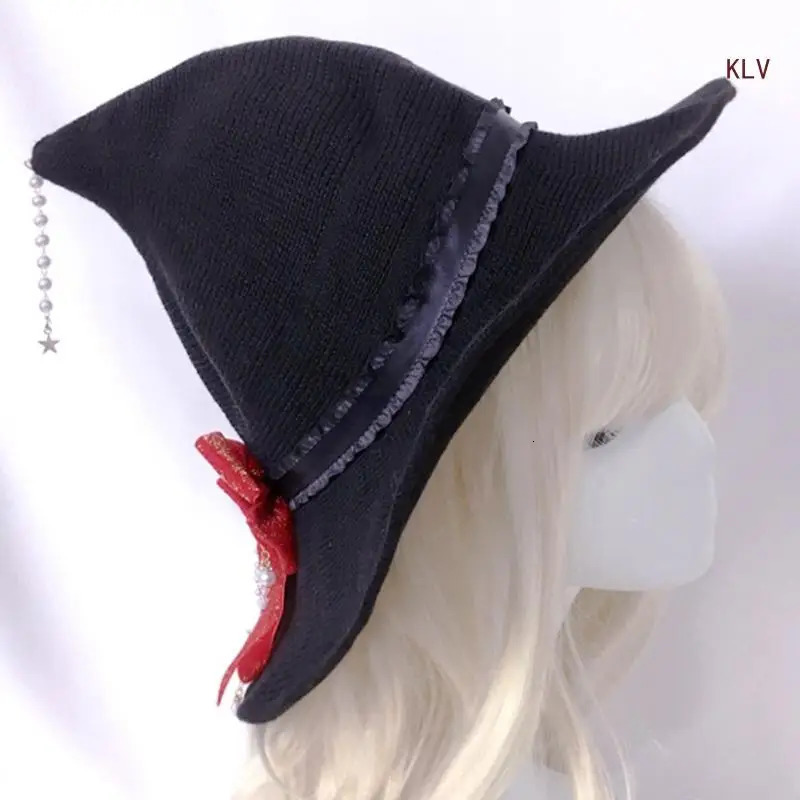 Halloween Witch Cap Wizard Hat Punk Knit Bowknot Hat Costume Headwear Lady Festival Headdress 240712